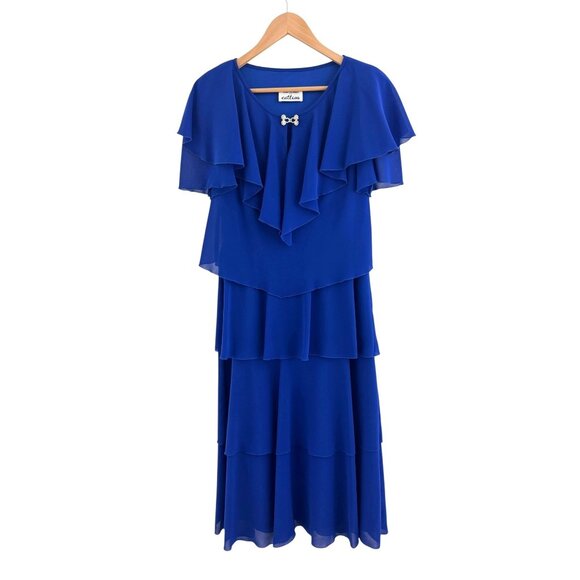 Blue Tiered Chiffon Midi Maxi Dress Gown Size 10 Wedding Evening Special Event - Picture 1 of 6